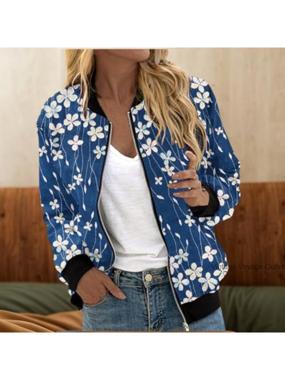 Women's Lightweight Polyester Floral Bomber Jacket Zip Up Long Sleeve - Picture 2 of 3